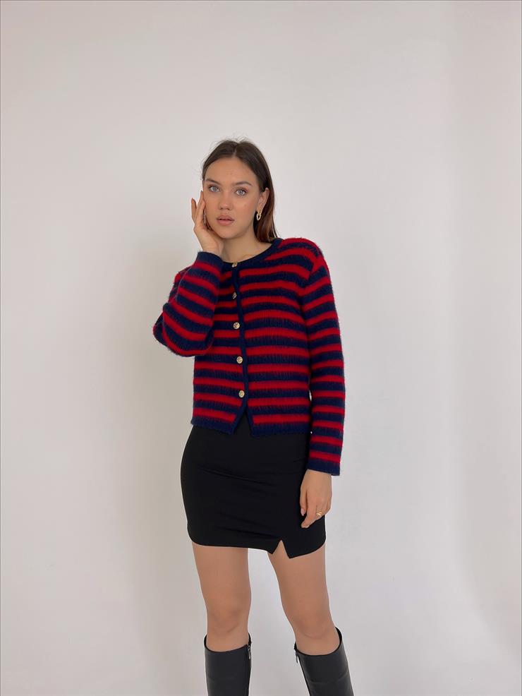 Önü Düğme Detaylı Saçaklı Zaire Kadın Kırmızı Çizgili Hırka 23Y000038