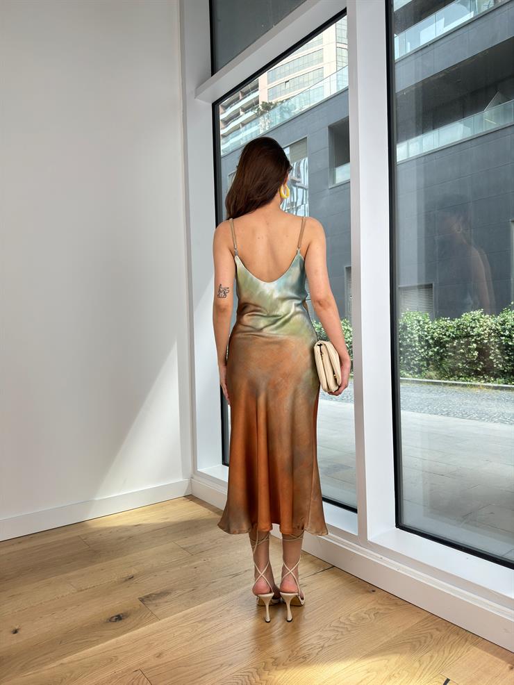 Askılı Degaje Yaka Zakwan Kadın Desenli Mint Midi Elbise 24Y630