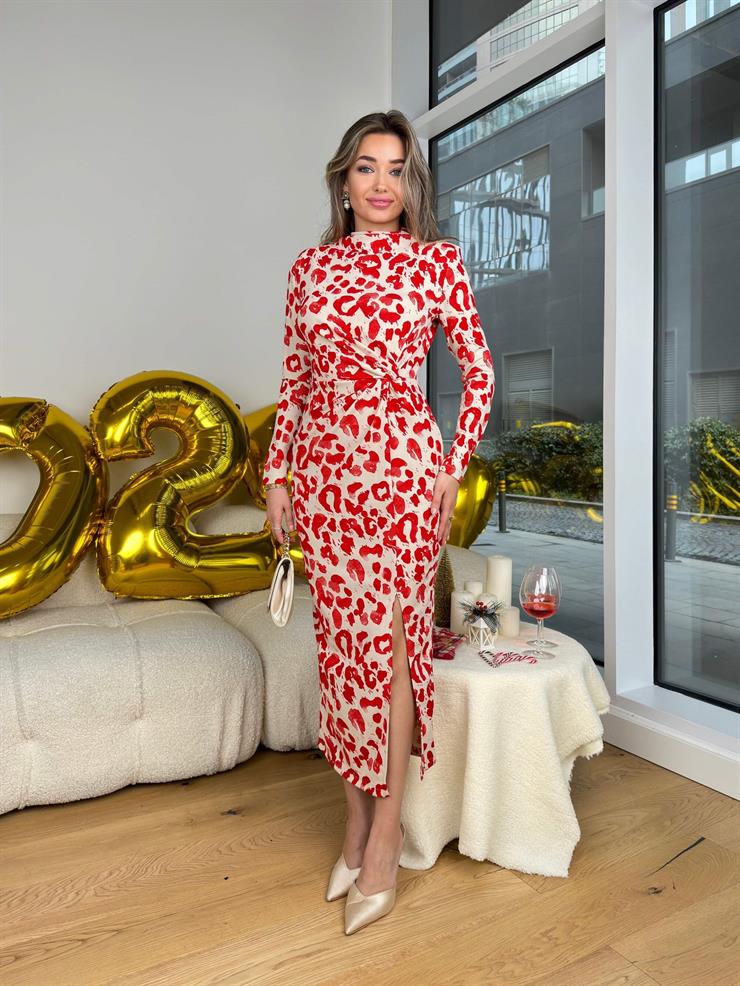 	Yarım Balıkçı Yaka Önü Büzgülü Desenli Zarli Kırmızı Kadın Elbise 25K420