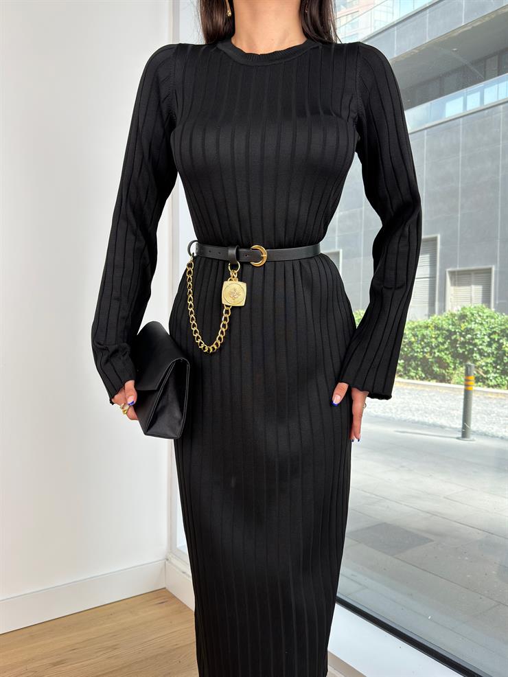 Bisiklet Yaka Zawer Kadın Triko Siyah Elbise 25K126