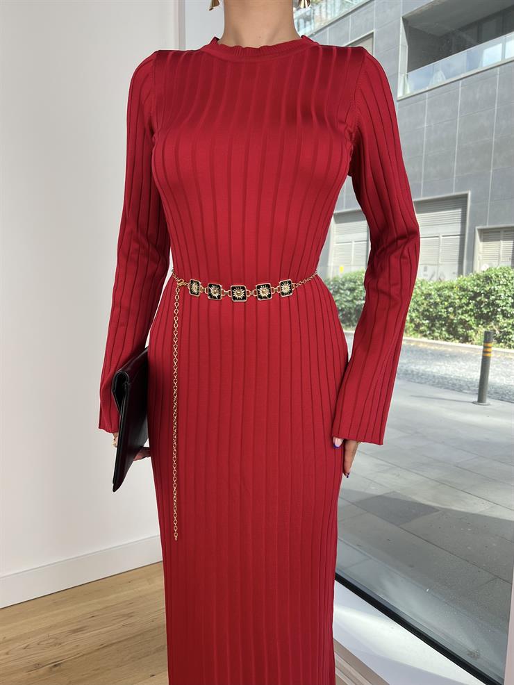 Bisiklet Yaka Zawer Kadın Triko Kırmızı Elbise 25K126