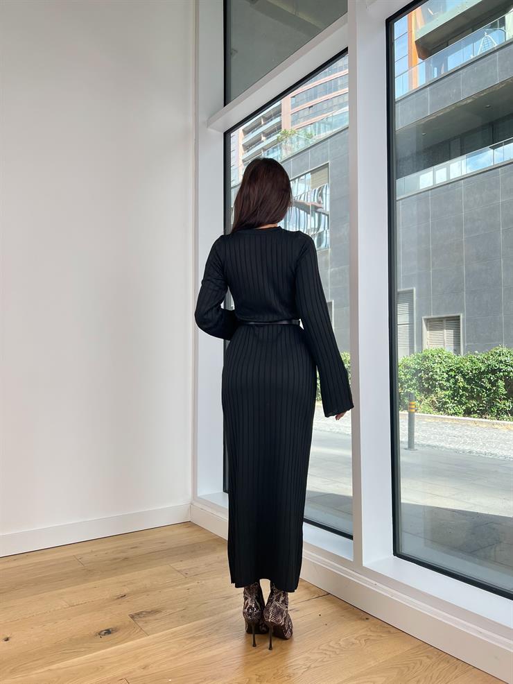 Bisiklet Yaka Zawer Kadın Triko Siyah Elbise 25K126