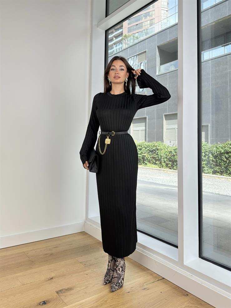 Bisiklet Yaka Zawer Kadın Triko Siyah Elbise 25K126