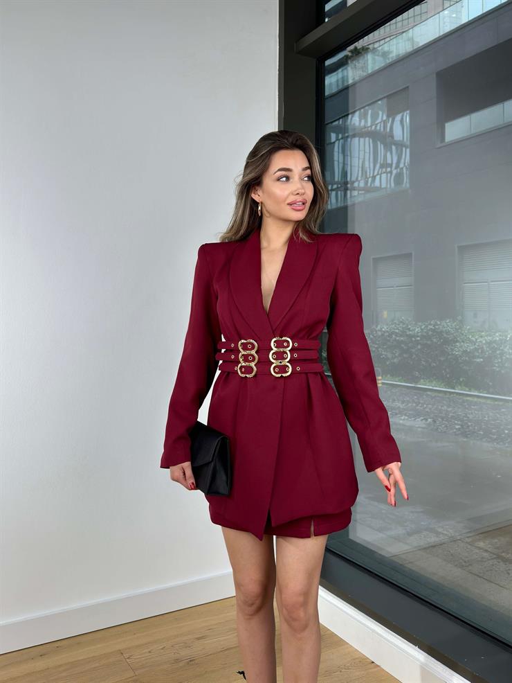 Omuz Vatkalı Belden Kemerli Zealot Bordo Kadın Blazer Ceket 25Y080