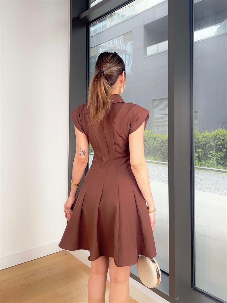 Kolsuz Yakalı Zelod Kahve Kadın Mini Elbise 25Y269