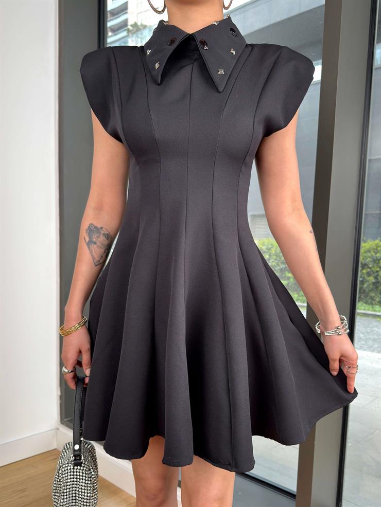 Kolsuz Yakalı Zelod Siyah Kadın Mini Elbise 25Y269