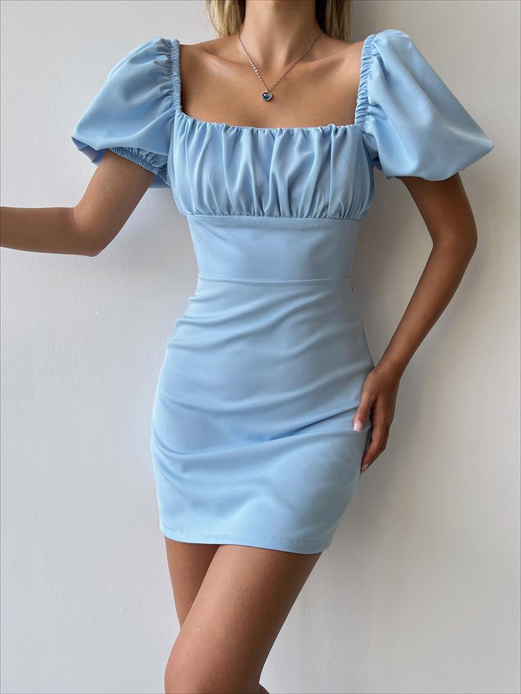 Kare Yaka Kısa Balon Kol Sırt Dekolteli Zenn Kadın Mavi Mini Elbise 23Y000120