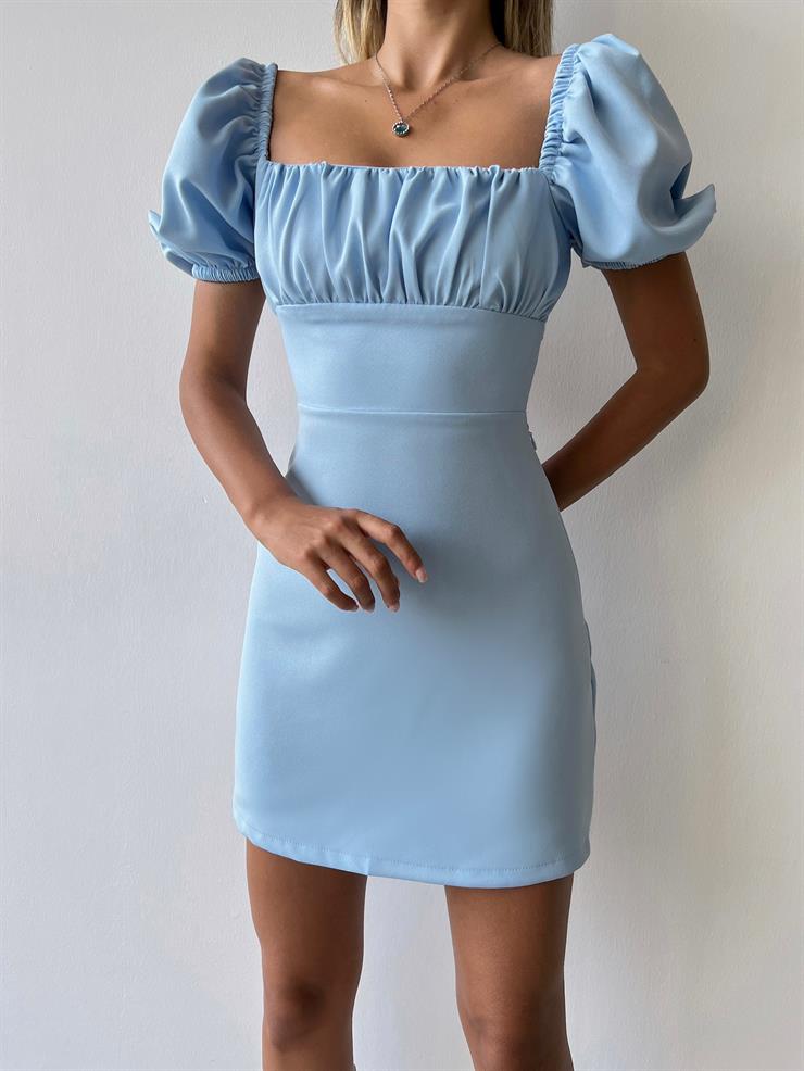 Kare Yaka Kısa Balon Kol Sırt Dekolteli Zenn Kadın Mavi Mini Elbise 23Y000120