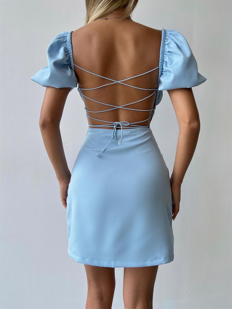 Kare Yaka Kısa Balon Kol Sırt Dekolteli Zenn Kadın Mavi Mini Elbise 23Y000120