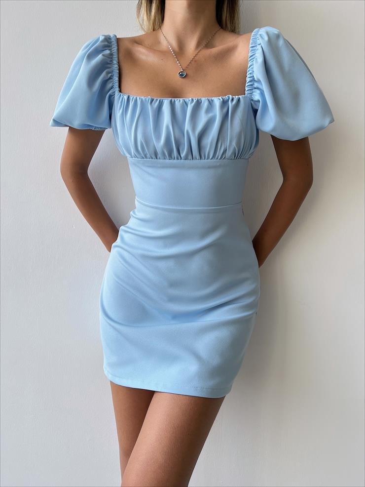 Kare Yaka Kısa Balon Kol Sırt Dekolteli Zenn Kadın Mavi Mini Elbise 23Y000120