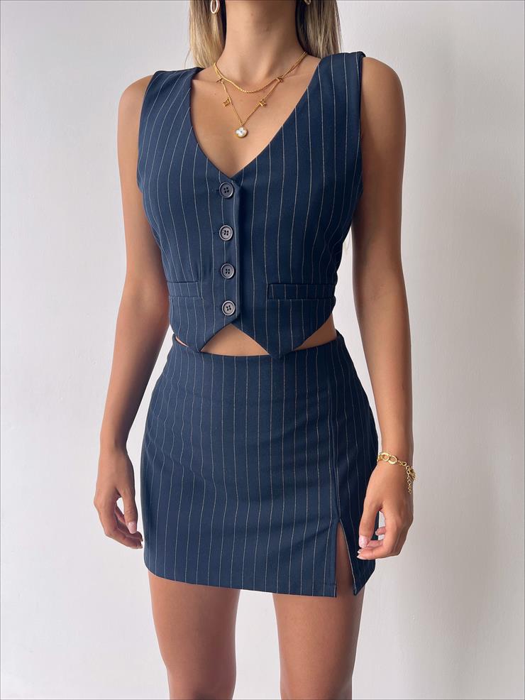 Önü Düğme Kapamalı Crop Yelek Mini Yırtmaçlı Etek Zeo Kadın Lacivert Takım 23Y000340