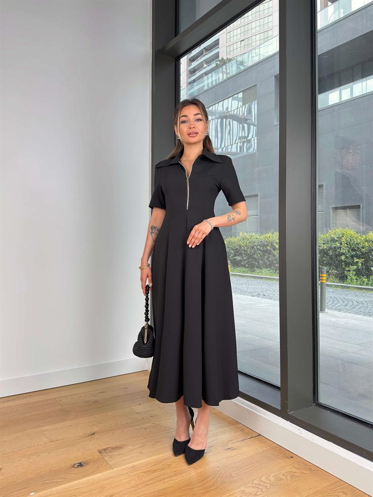 Yarım Kol Yarın Fermuarlı Zepls Siyah Kadın Elbise 25Y270