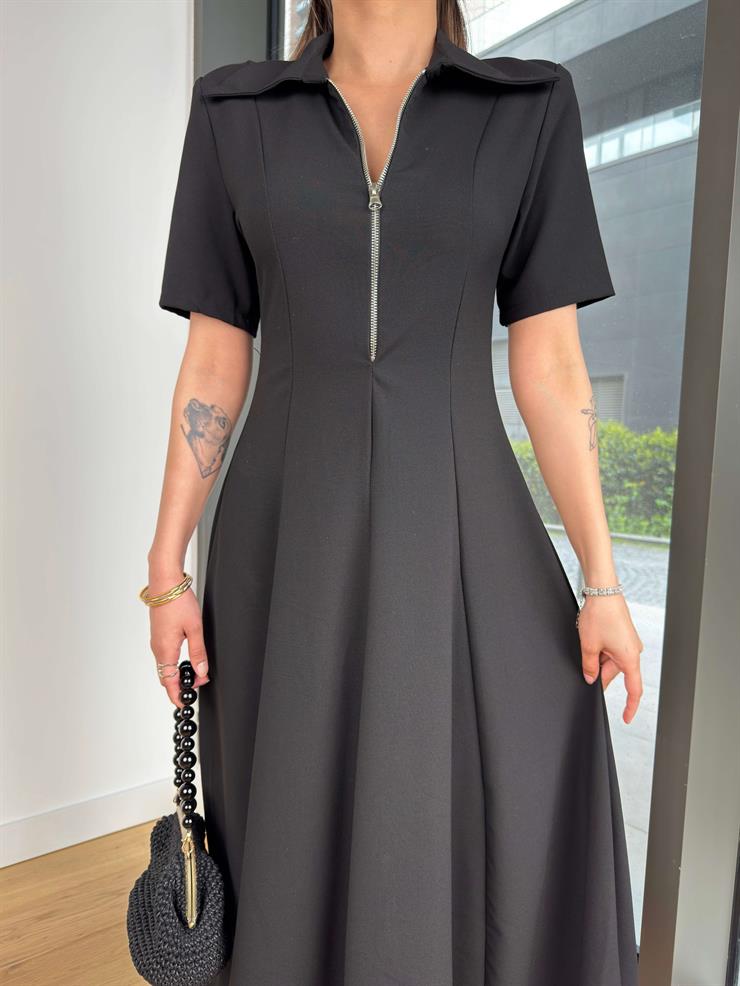 Yarım Kol Yarın Fermuarlı Zepls Siyah Kadın Elbise 25Y270