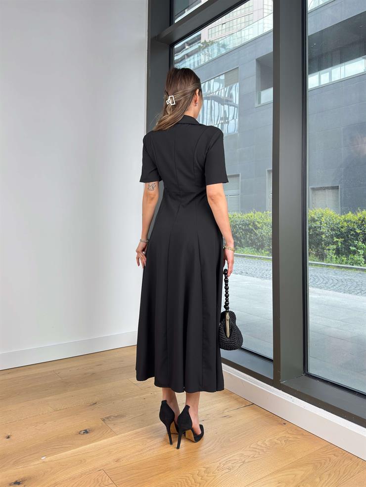 Yarım Kol Yarın Fermuarlı Zepls Siyah Kadın Elbise 25Y270
