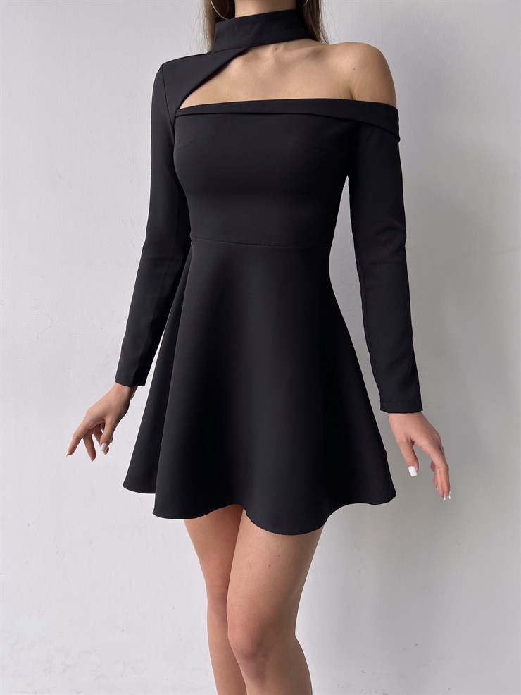 Asimetrik Kesim Uzun Kollu Zeta Kadın Kısa Siyah Elbise 23K000302