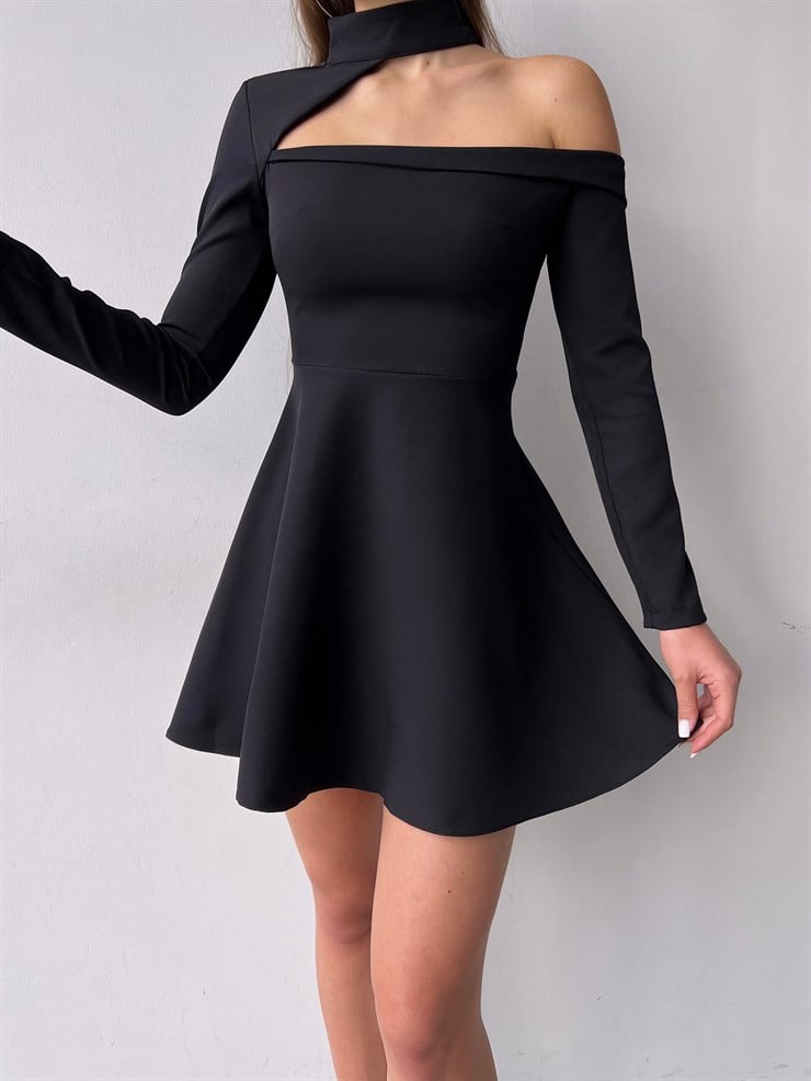 Asimetrik Kesim Uzun Kollu Zeta Kadın Kısa Siyah Elbise 23K000302