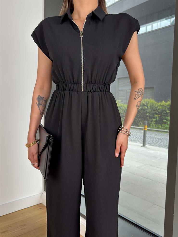 Fermuar Kapamalı Bol Paça Zezno Siyah Kadın Tulum 25Y268