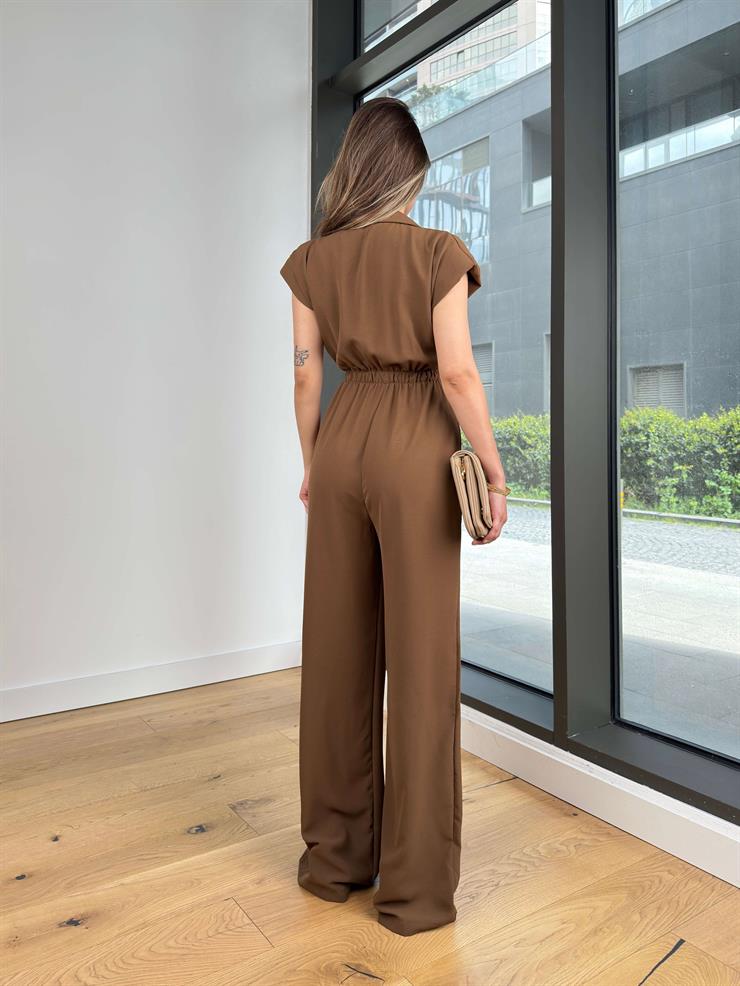 Fermuar Kapamalı Bol Paça Zezno Kahve Kadın Tulum 25Y268