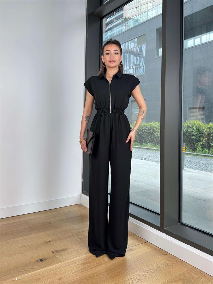 Fermuar Kapamalı Bol Paça Zezno Siyah Kadın Tulum 25Y268