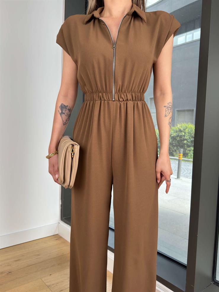 Fermuar Kapamalı Bol Paça Zezno Kahve Kadın Tulum 25Y268