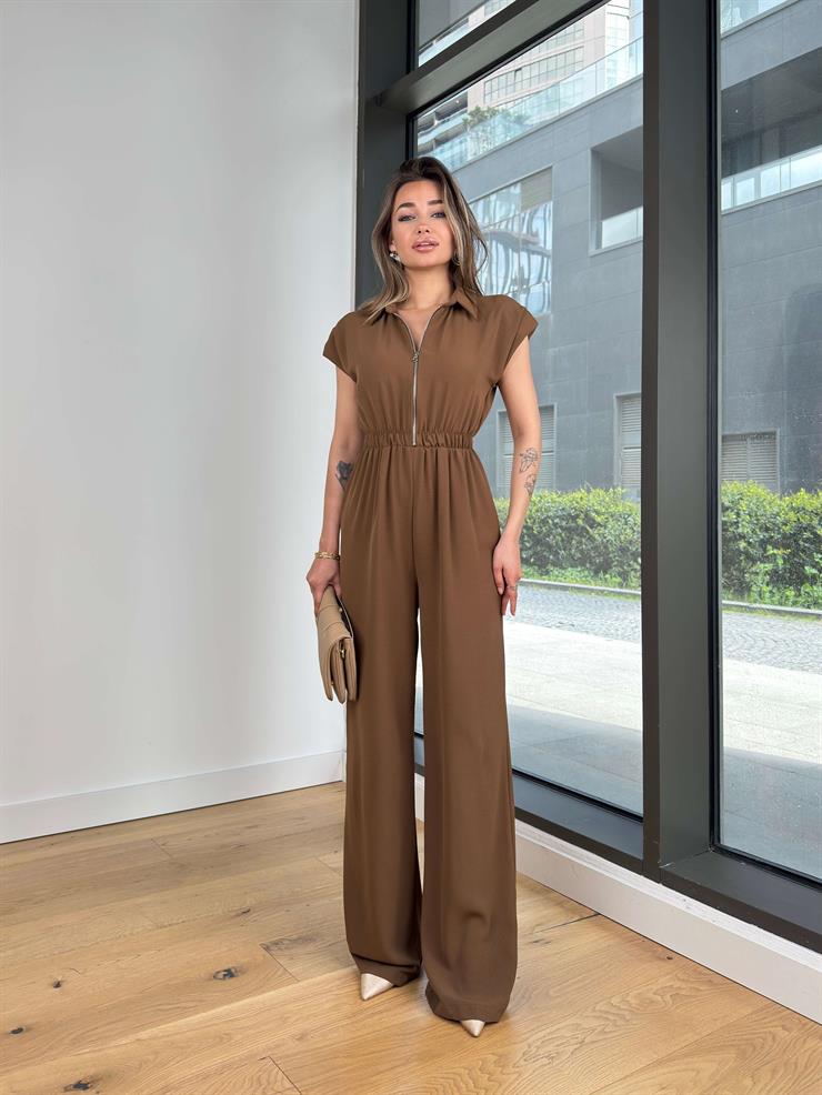 Fermuar Kapamalı Bol Paça Zezno Kahve Kadın Tulum 25Y268