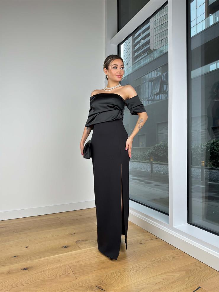 Düşük  Omuz Üst Kısmı Saten Eteği Yırtmaçlı Zidane Siyah Kadın Elbise 25K406