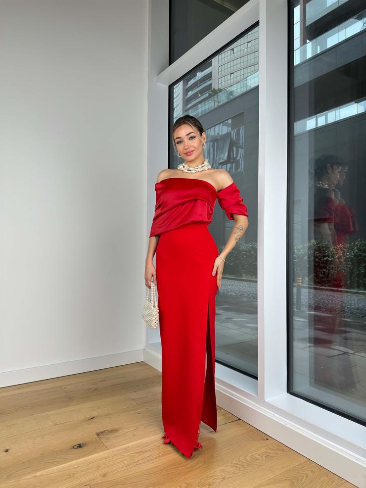 Düşük  Omuz Üst Kısmı Saten Eteği Yırtmaçlı Zidane Kırmızı Kadın Elbise 25K406