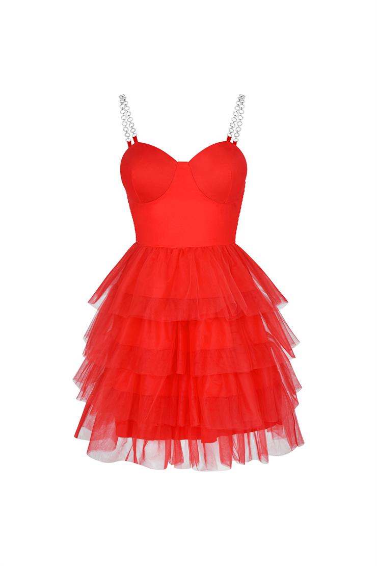 Zincir Askılı Eteği Tül Fırfır Detaylı Taryn Kadın Kırmızı Mini Elbise 23Y000028