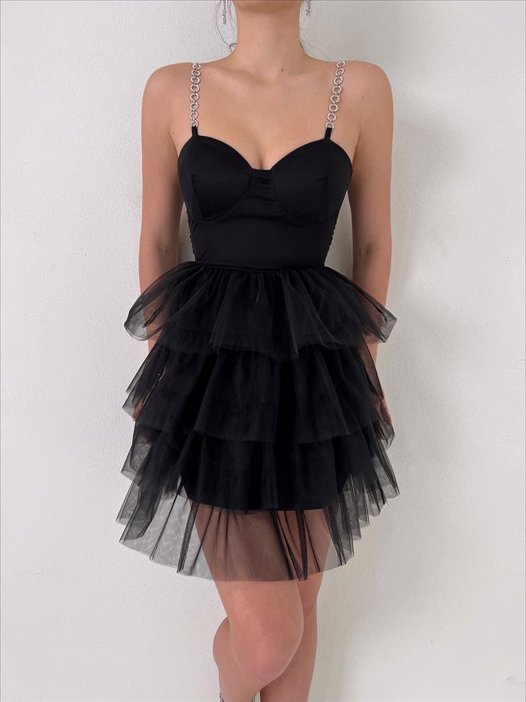 Zincir Askılı Eteği Tül Fırfır Detaylı Taryn Kadın Siyah Mini Elbise 23Y000028