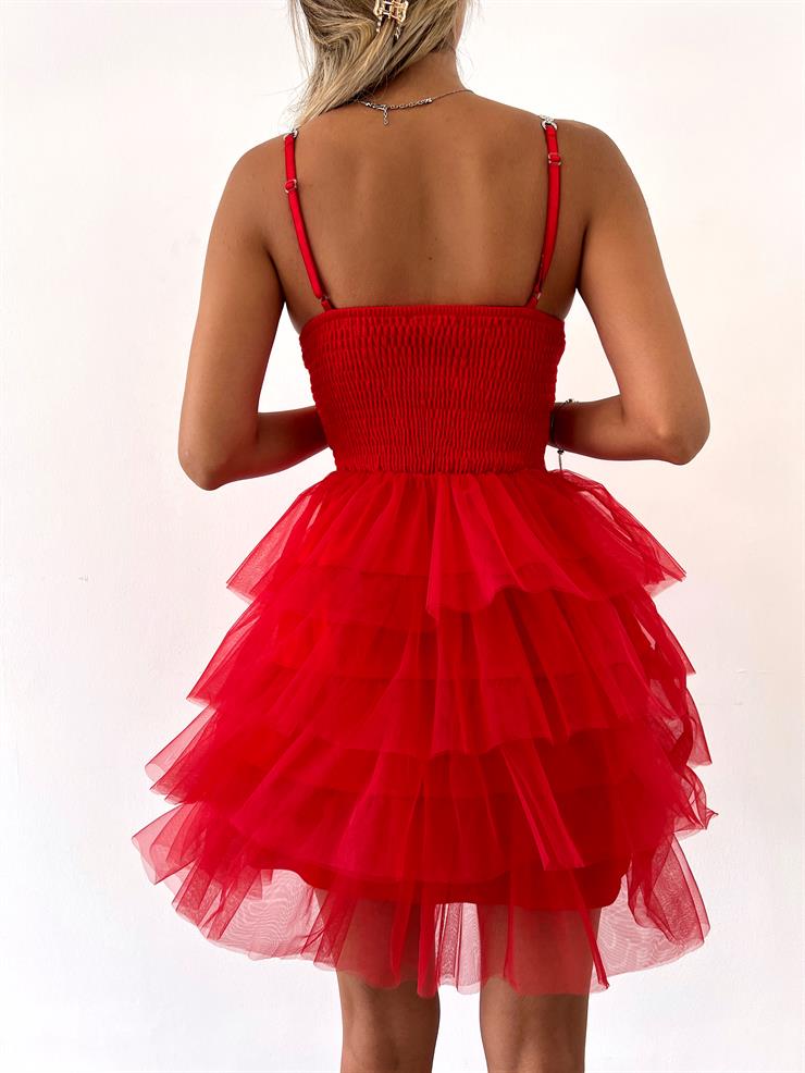 Zincir Askılı Eteği Tül Fırfır Detaylı Taryn Kadın Kırmızı Mini Elbise 23Y000028