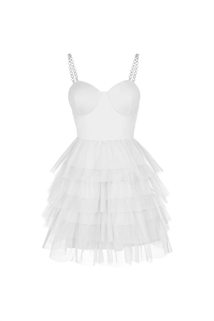Zincir Askılı Eteği Tül Fırfır Detaylı Taryn Kadın Beyaz Mini Elbise 23Y000028