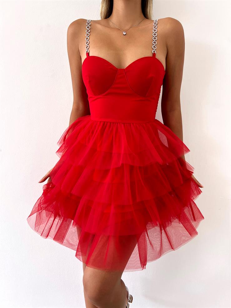 Zincir Askılı Eteği Tül Fırfır Detaylı Taryn Kadın Kırmızı Mini Elbise 23Y000028