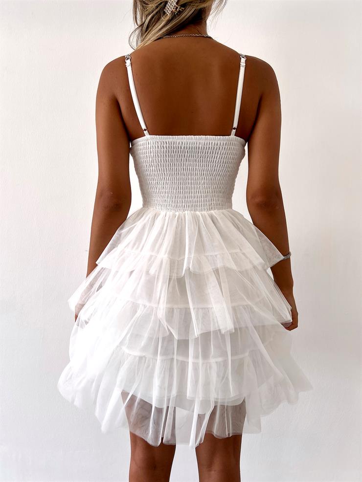 Zincir Askılı Eteği Tül Fırfır Detaylı Taryn Kadın Beyaz Mini Elbise 23Y000028