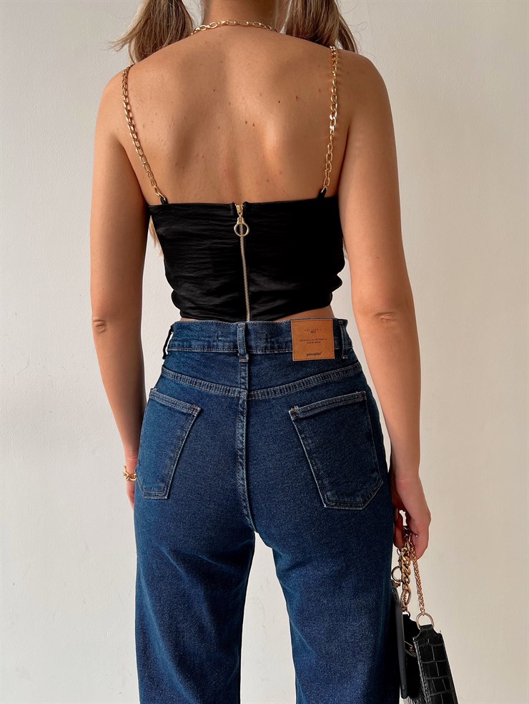 Zincir Askılı Önden Bağcıklı Aliya Kadın Siyah Crop Bluz 22K000619