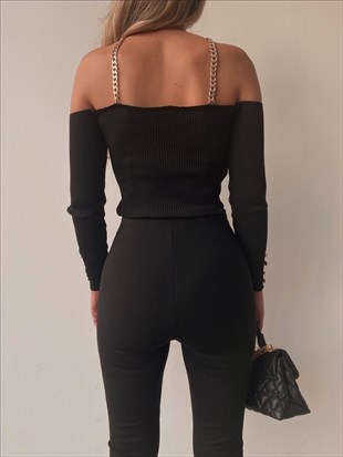 Omuz Dekolte Boyundan Zincir Bağlama Kadın Siyah Bluz 22K000267