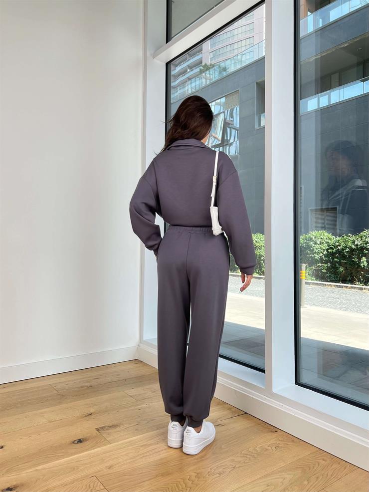 Yarım Fermuarlı Bel Kısmı Lastikli Sweatshirt Paçası Lastikli Eşofman Altı Ziva Füme Kadın Eşofman Takım 25K167