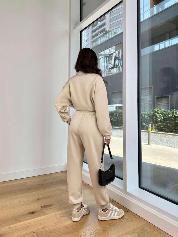 Yarım Fermuarlı Bel Kısmı Lastikli Sweatshirt Paçası Lastikli Eşofman Altı Ziva Vizon Kadın Eşofman Takım 25K167