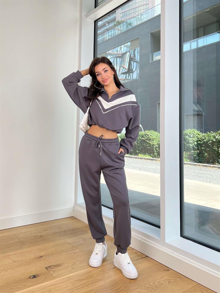 Yarım Fermuarlı Bel Kısmı Lastikli Sweatshirt Paçası Lastikli Eşofman Altı Ziva Füme Kadın Eşofman Takım 25K167