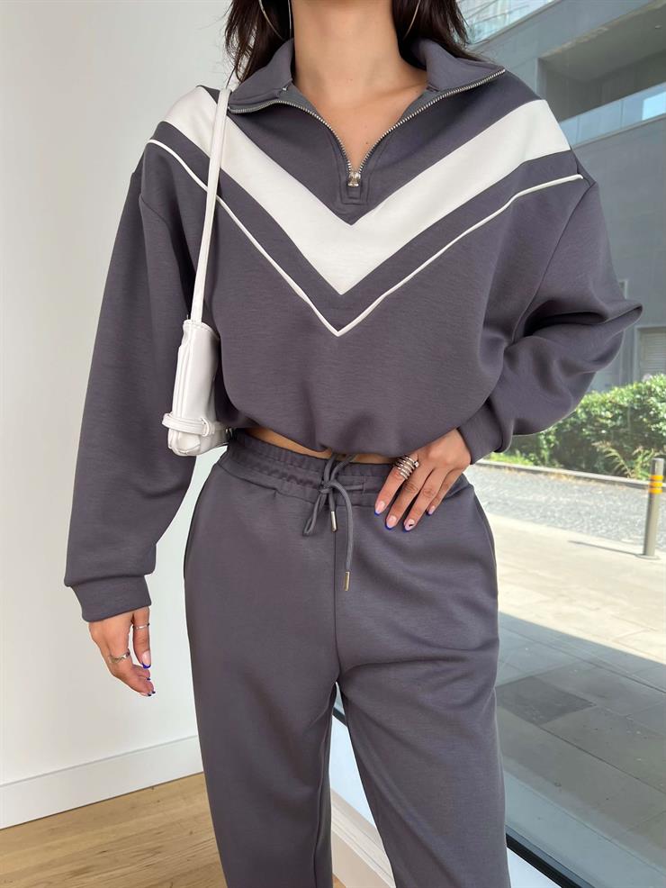 Yarım Fermuarlı Bel Kısmı Lastikli Sweatshirt Paçası Lastikli Eşofman Altı Ziva Füme Kadın Eşofman Takım 25K167