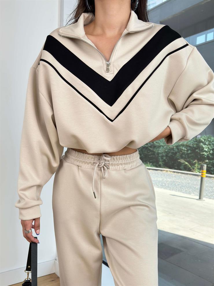 Yarım Fermuarlı Bel Kısmı Lastikli Sweatshirt Paçası Lastikli Eşofman Altı Ziva Vizon Kadın Eşofman Takım 25K167