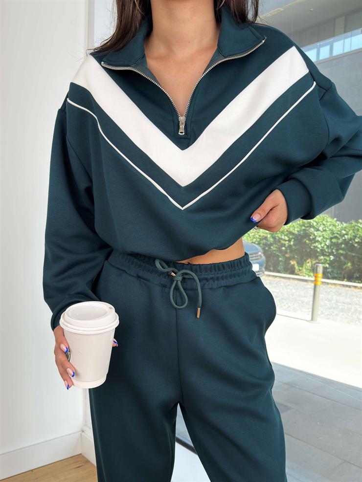 Yarım Fermuarlı Bel Kısmı Lastikli Sweatshirt Paçası Lastikli Eşofman Altı Ziva Zümrüt Kadın Eşofman Takım 25K167