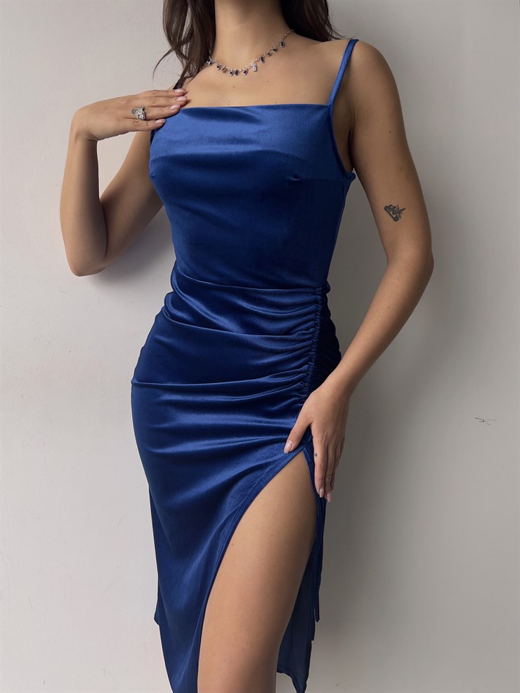 Kare Yaka Ayarlanabilir Askı Derin Yırtmaçlı Ziyech Kadın Saks Midi Elbise 23K000348