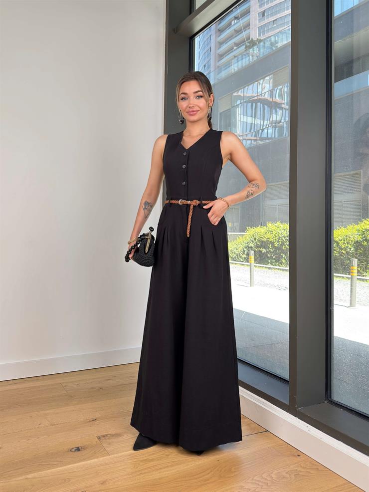 Önü Düğmeli Beli Kemerli Bol Paça Zodinan Siyah Kadın Tulum 25Y282