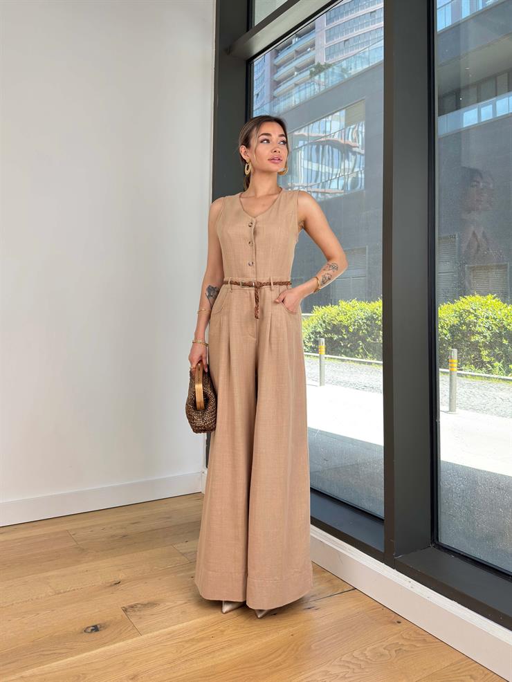 Önü Düğmeli Beli Kemerli Bol Paça Zodinan Vizon Kadın Tulum 25Y282