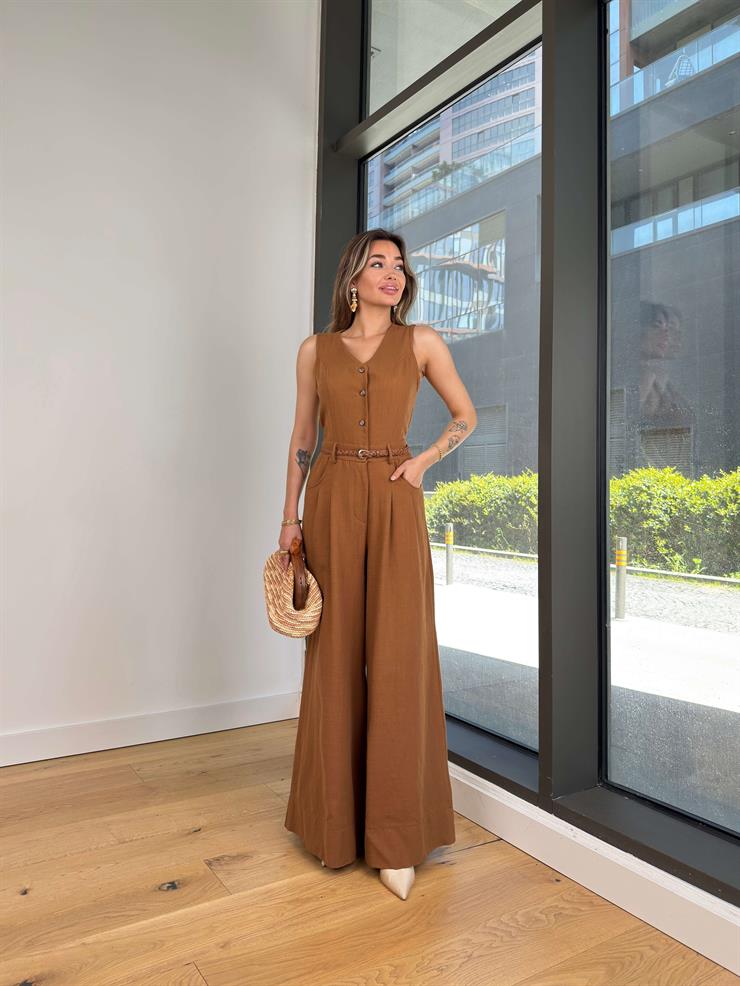 Önü Düğmeli Beli Kemerli Bol Paça Zodinan Kahve Kadın Tulum 25Y282