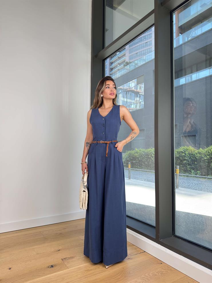 Önü Düğmeli Beli Kemerli Bol Paça Zodinan Lacivert Kadın Tulum 25Y282