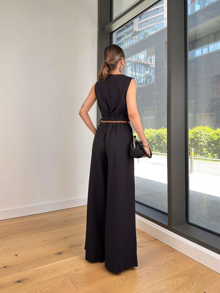 Önü Düğmeli Beli Kemerli Bol Paça Zodinan Siyah Kadın Tulum 25Y282