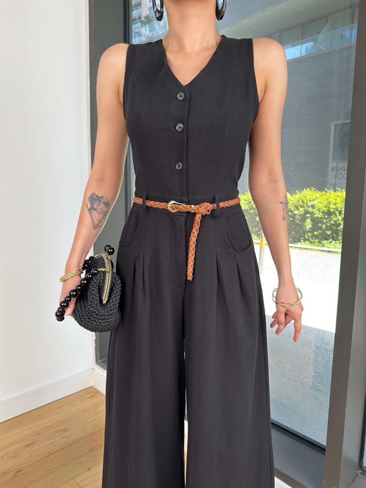 Önü Düğmeli Beli Kemerli Bol Paça Zodinan Siyah Kadın Tulum 25Y282