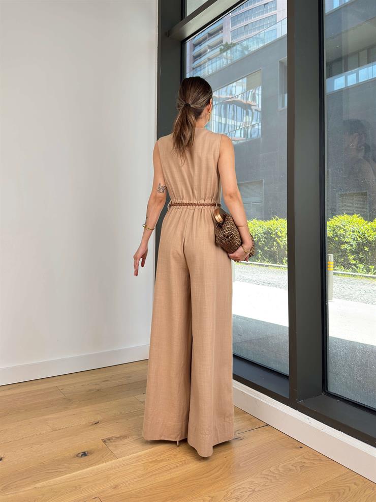 Önü Düğmeli Beli Kemerli Bol Paça Zodinan Vizon Kadın Tulum 25Y282