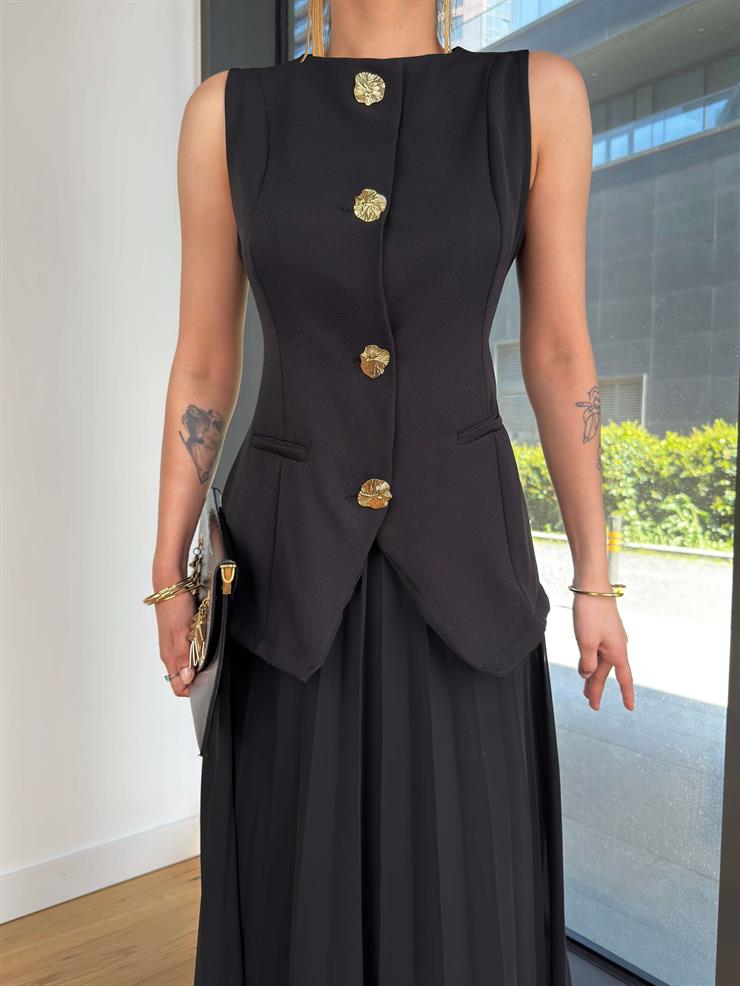 Kolsuz Düğme Kapamalı Eteği Tül Ve Pileli Zodiyak Siyah Kadın Elbise 25Y267